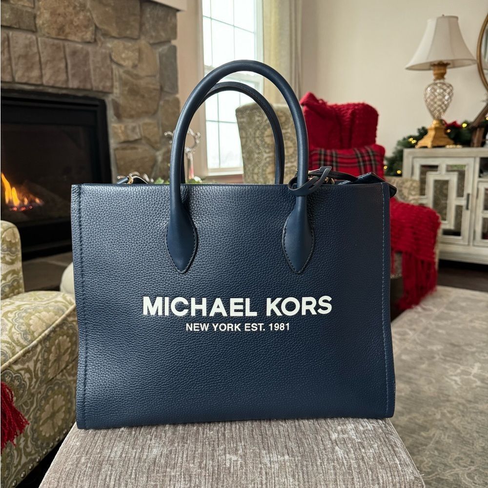 Michael Kors MK Mirella Medium Pebbled Leather Shoulder Tote Bag - Navy